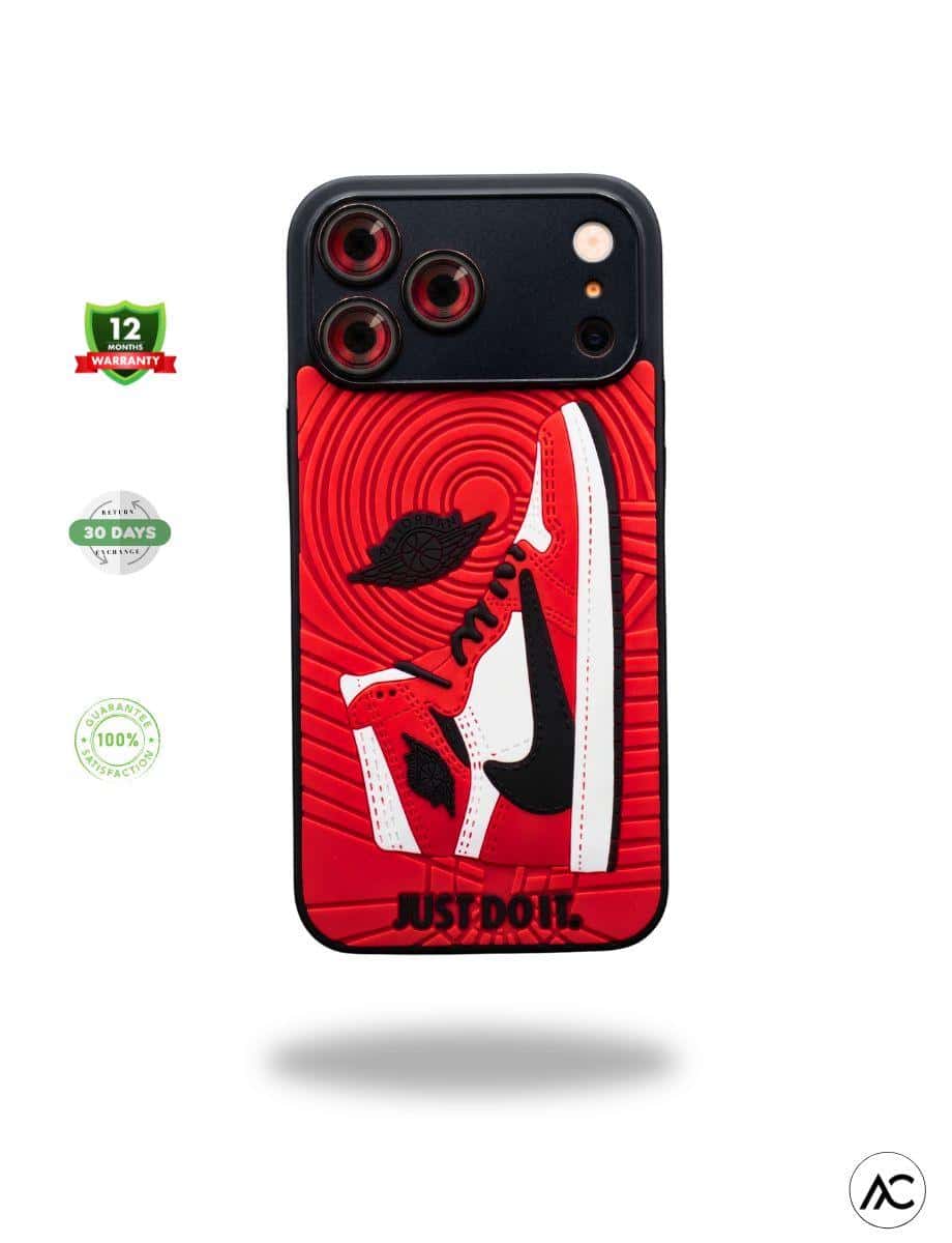 Custom Nike Air Jordan-themed phone case for iPhone with vibrant red background.